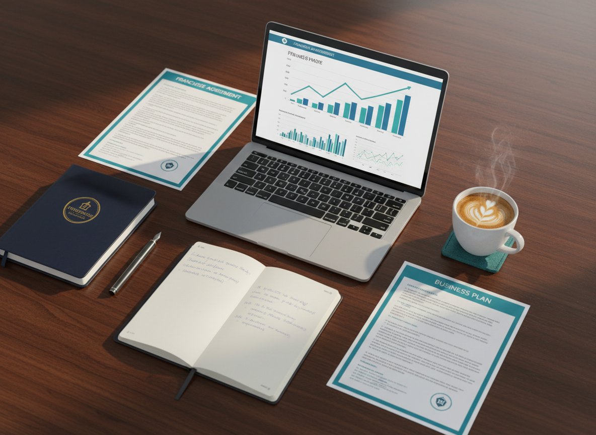 Business planning session with franchise documents
