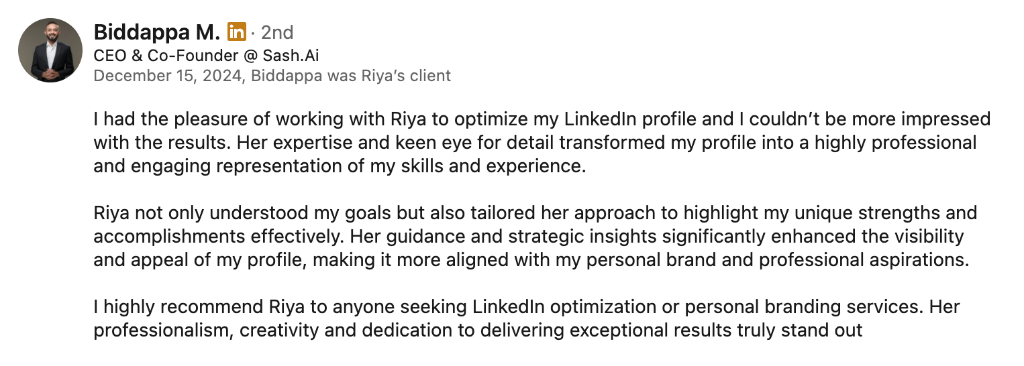 Recommendation from Biddappa M.