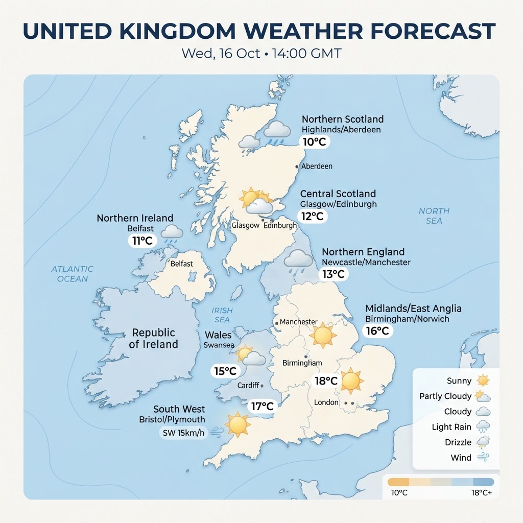 UK Weather Forecast: Mild and Sunny in the Southeast as Rain Band Pushes Across Central Areas – Thursday, 15 October 2026