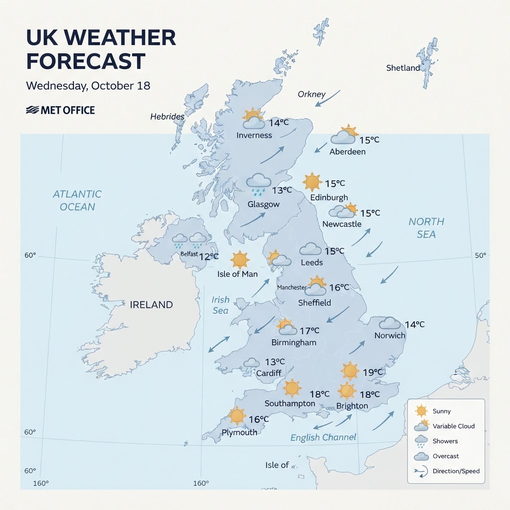 UK Weather Forecast: Morning Rain Clears to Mild Bright Spells Before Fresh Showers Move In – Tuesday, 13 October 2026