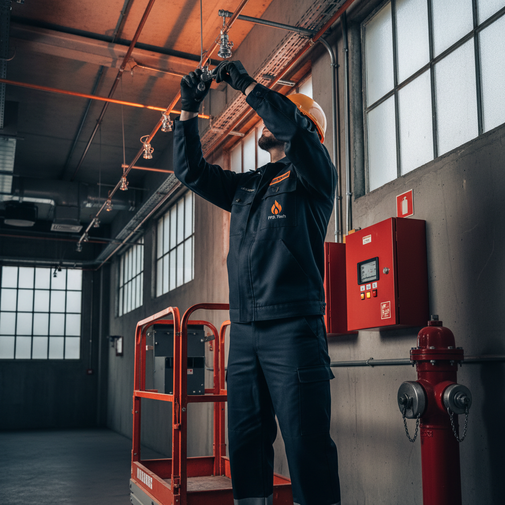 Técnico EPS Fire.Tech instalando alarme de incêndio, sprinkler e hidrante