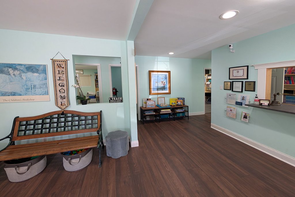 Lobby bench and bookshelf