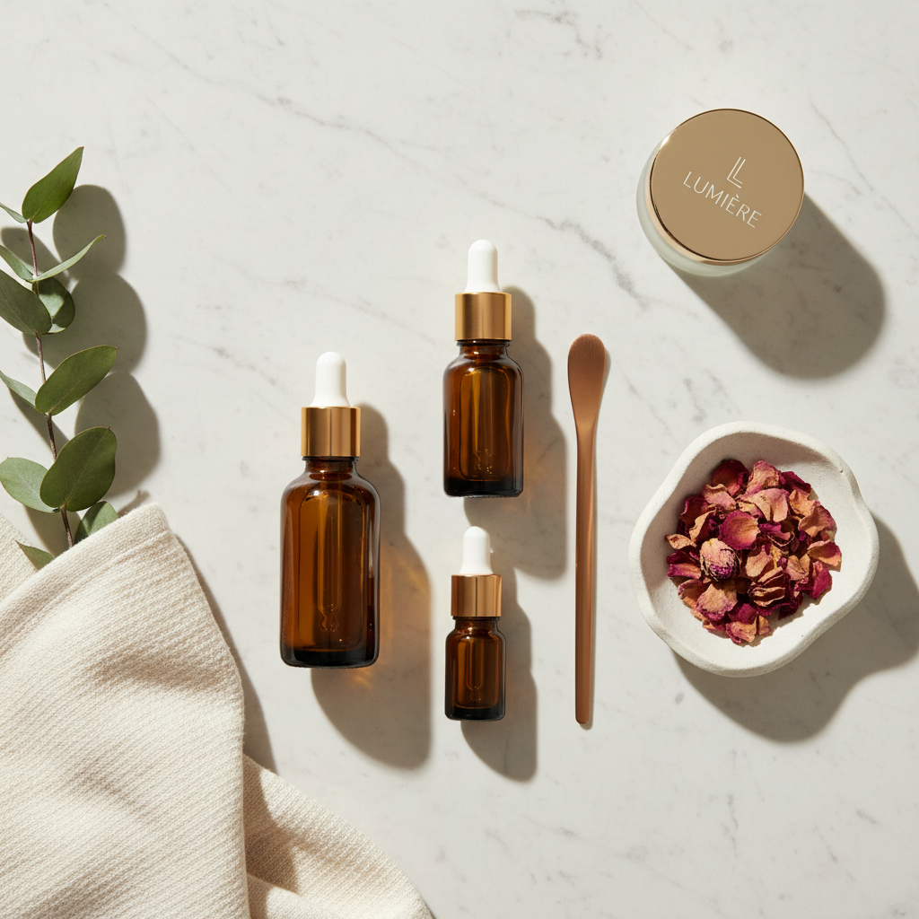 Editorial flatlay of medical-grade skincare products