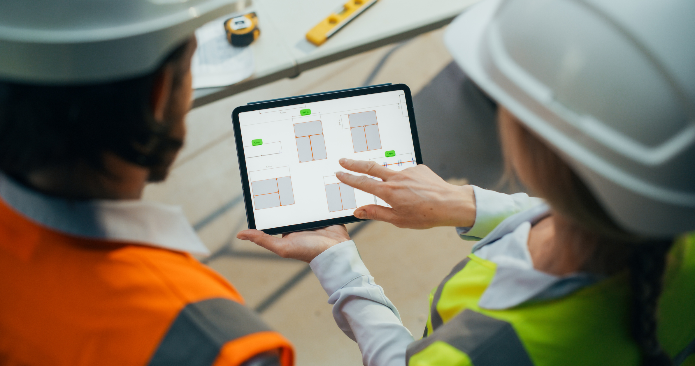Two industrial workers reviewing project information on a tablet