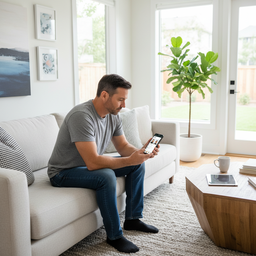 American homeowner searching for tradesperson on smartphone