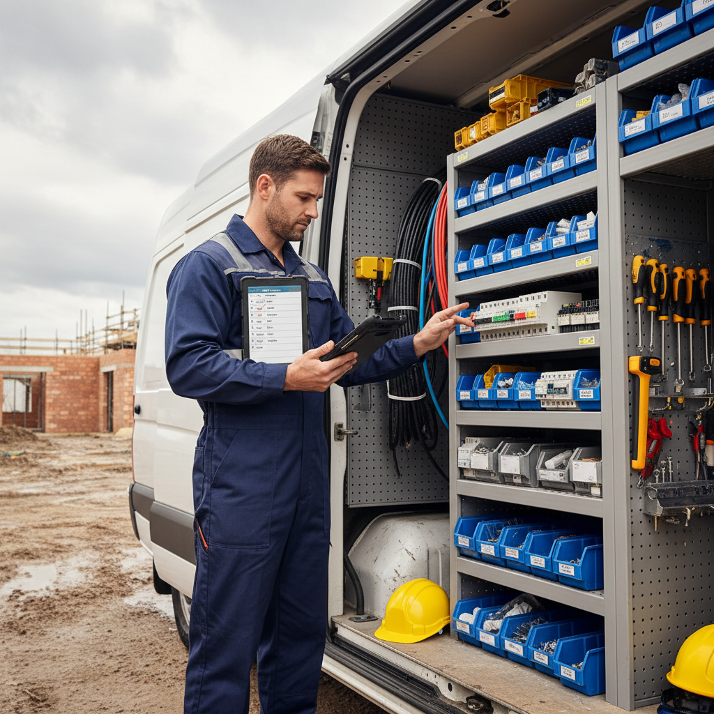 Electrician in van checking inventory