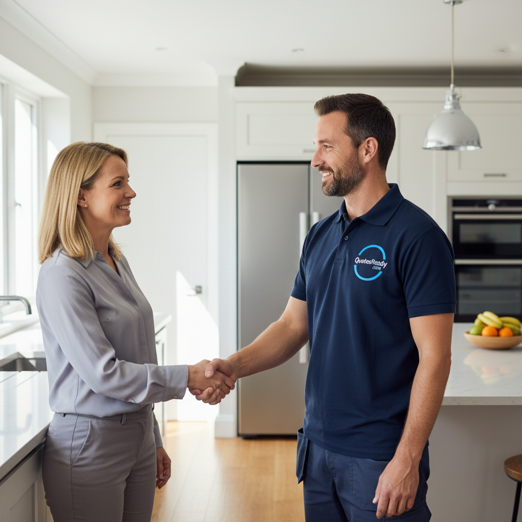 UK tradesperson shaking hands with client