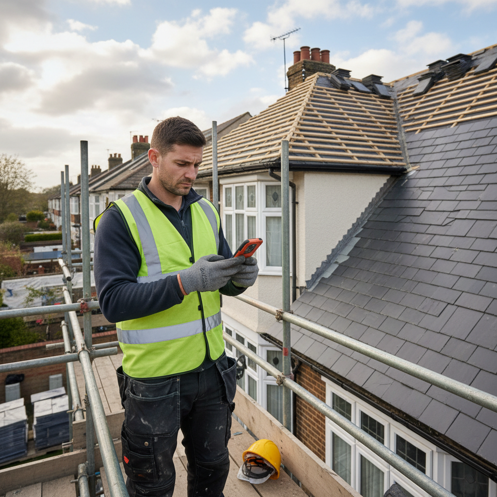Roofer reviewing quotes on smartphone