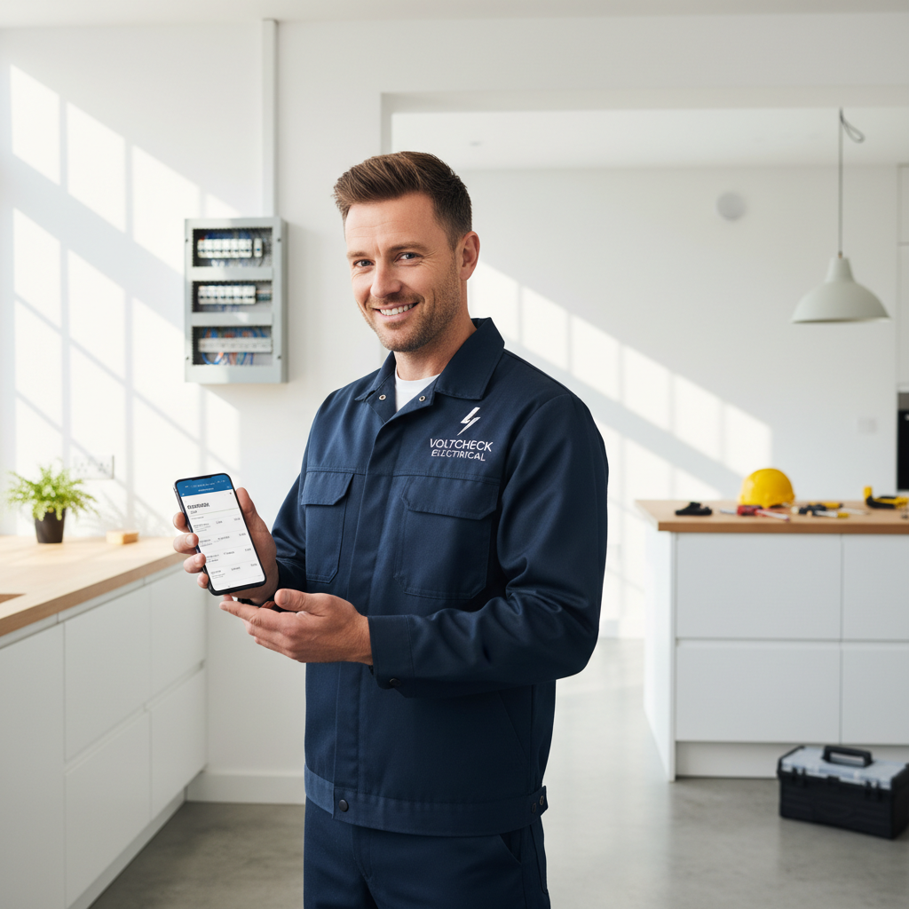 Electrician reviewing quote on phone