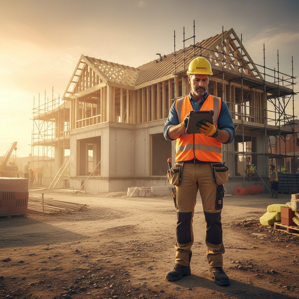 Builder using tablet on construction site