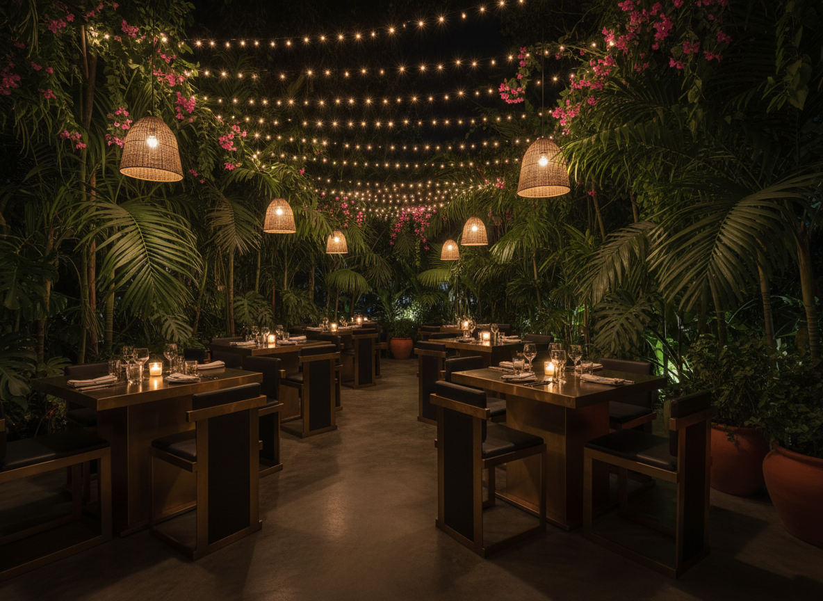 Garden terrace at night