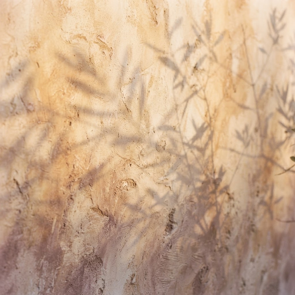 Soft leaf shadows drifting across a sunlit plaster wall