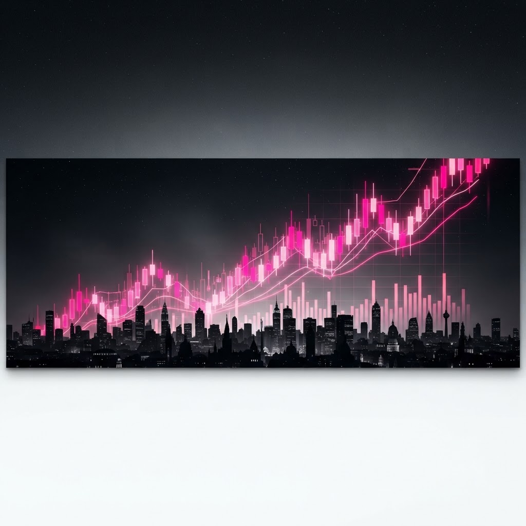 City skyline with trading charts