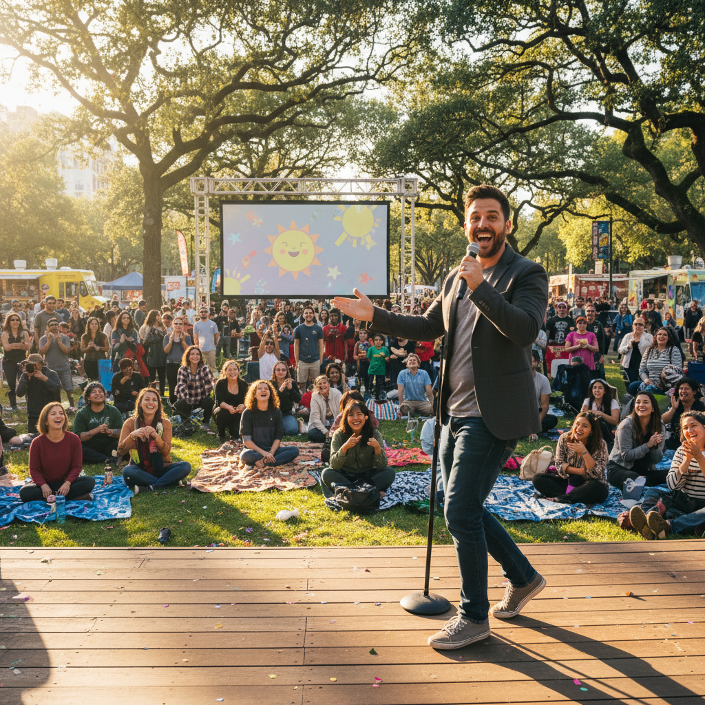 Comedian performing for a crowd in the park