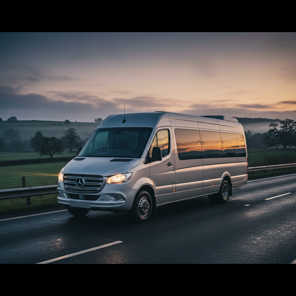 Mercedes-Benz Sprinter minibus on a UK road at dusk