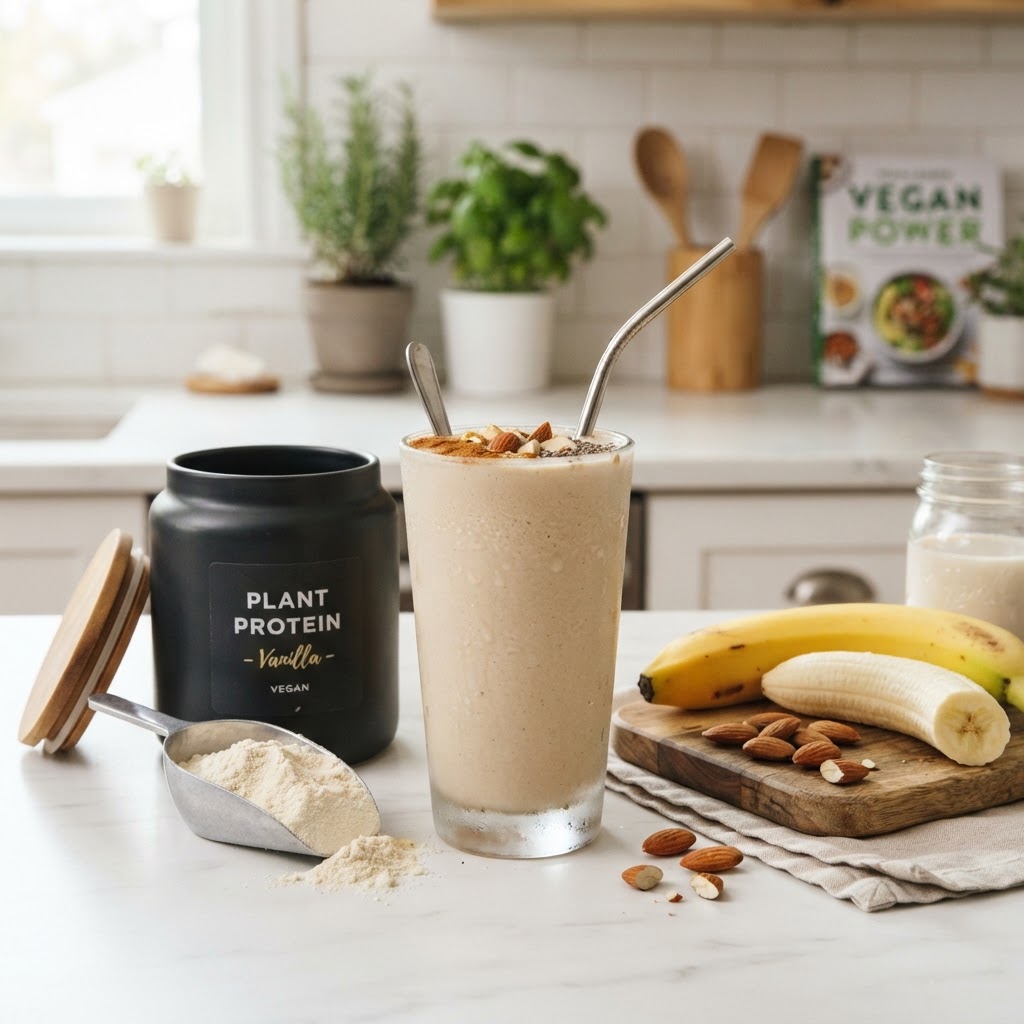 A scoop of vegan protein powder beside a glass of plant-based protein shake