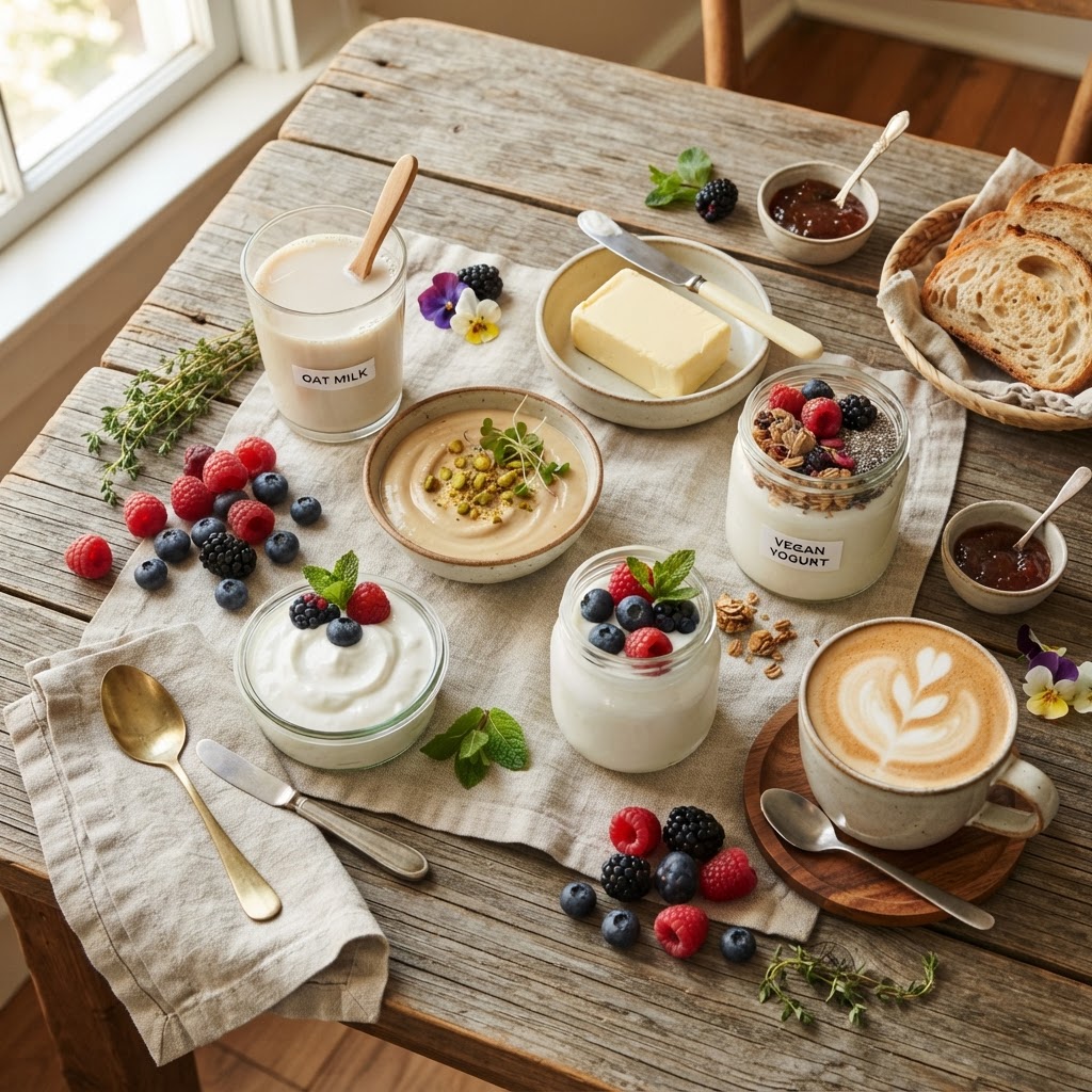 Vegan dairy replacement spread with oat milk, cashew cream, vegan butter, coconut cream, vegan yogurt, and coffee with oat-milk foam
