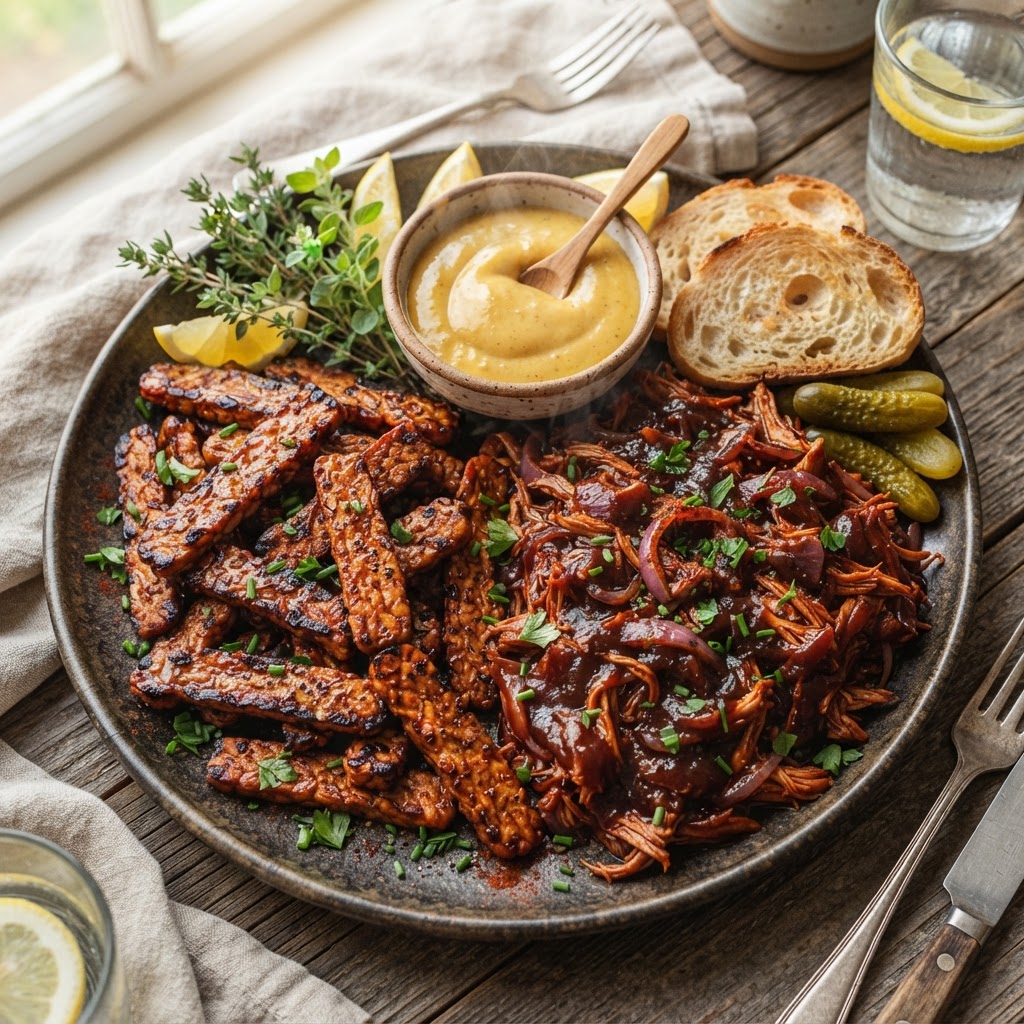 Vegan smoky tempeh bacon strips and shredded jackfruit barbecue on a rustic platter
