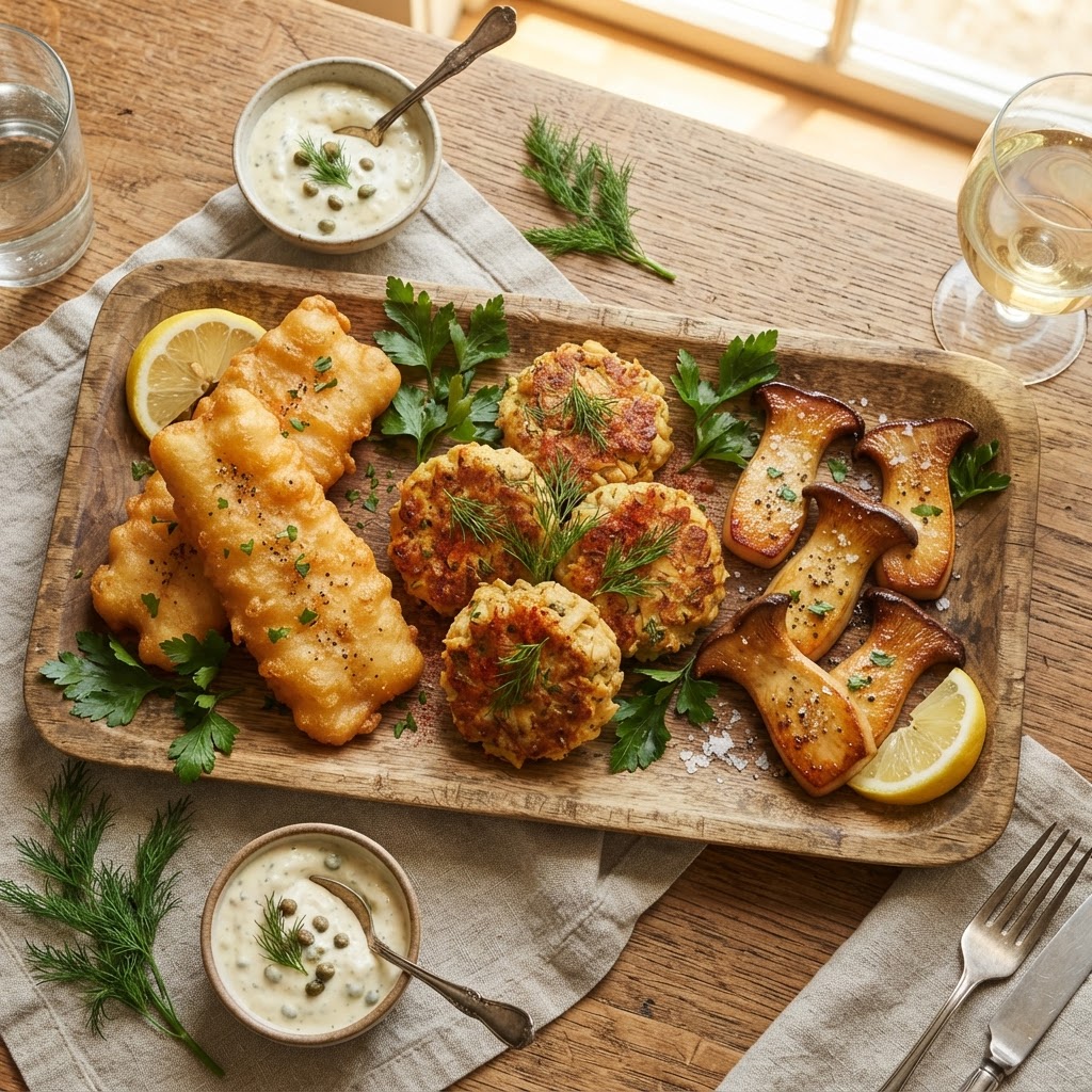 Vegan plant-based seafood platter with battered tofu fish, hearts-of-palm crab cakes, and king oyster mushroom scallops with lemon and dill