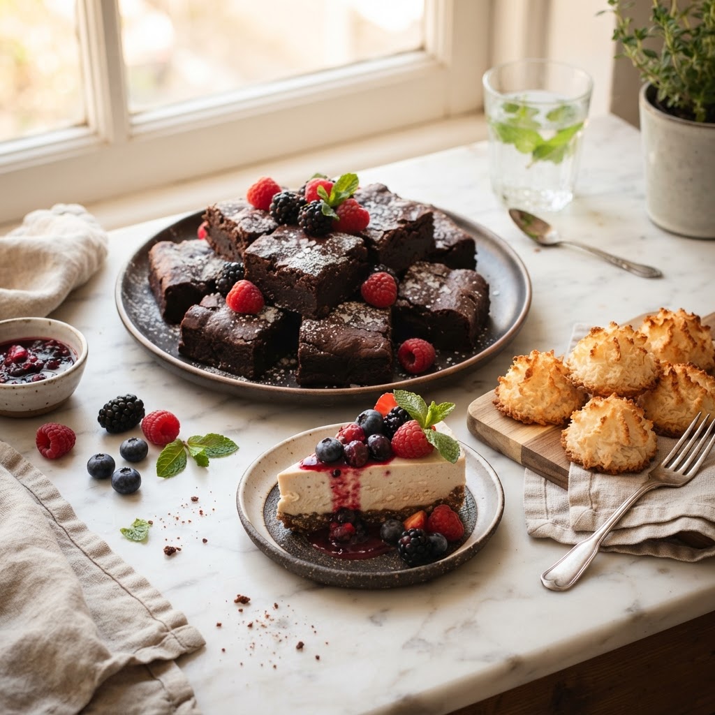 A spread of vegan desserts including brownies, berry cheesecake, and coconut macaroons