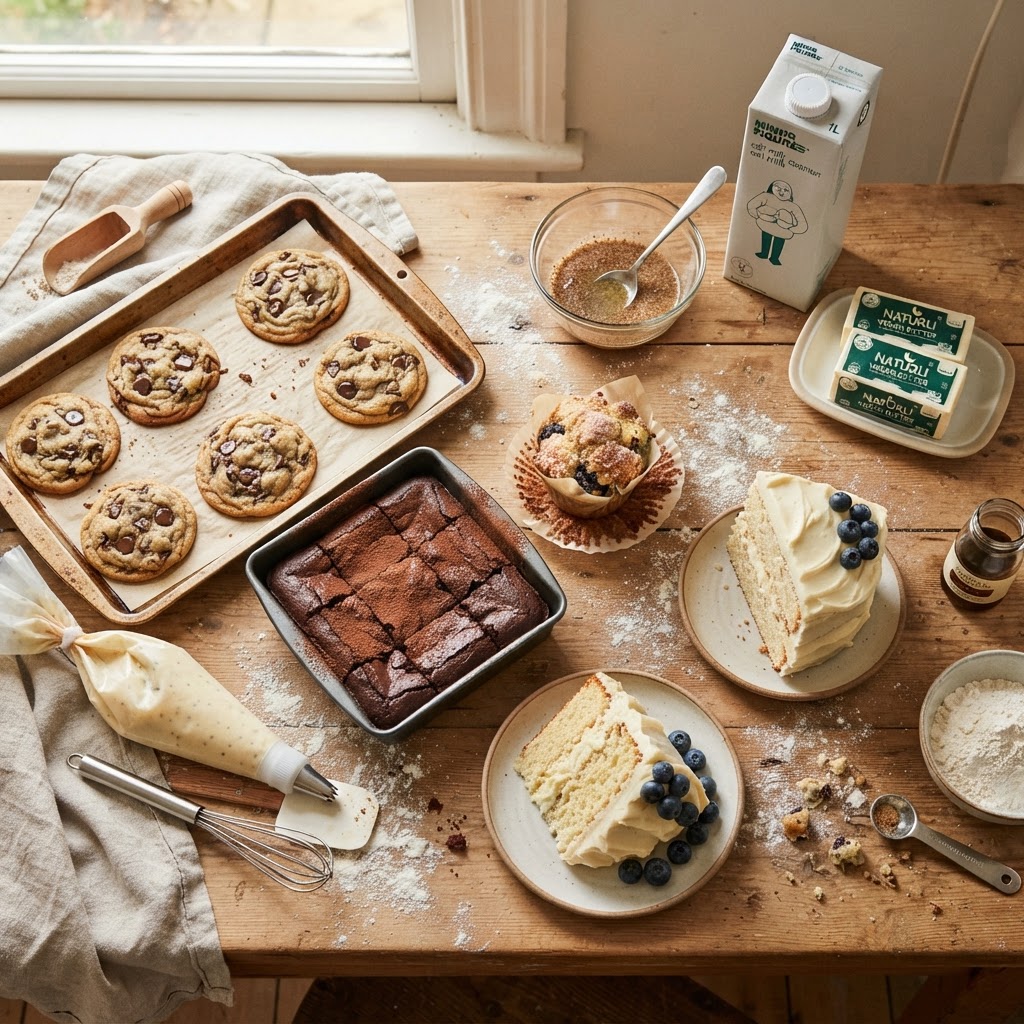 Vegan baking spread with chocolate chip cookies, brownies, a muffin, layered cake, vegan butter, oat milk, flax egg, and a piping bag