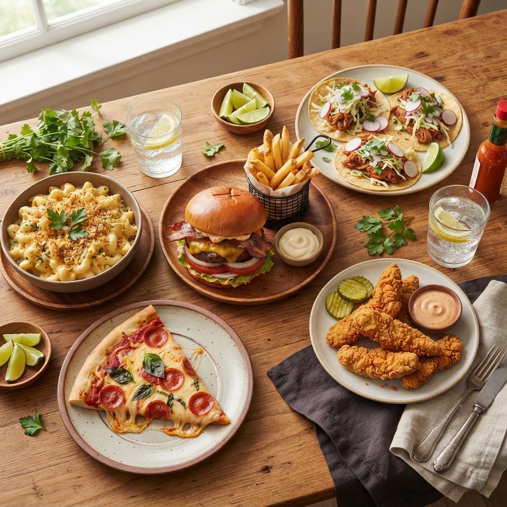 A spread of vegan comfort foods including a plant-based burger, mac and cheese, pizza, fried chick'n, and tacos