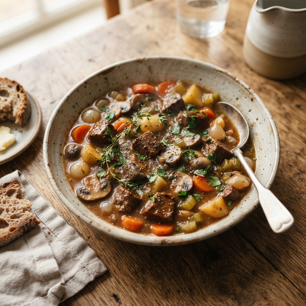 Hearty vegan beef-style stew with seitan and mushrooms in a rich brown sauce