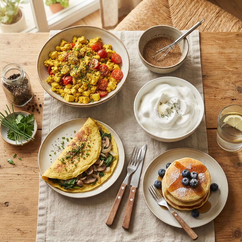 Vegan egg replacement spread with golden turmeric tofu scramble, a chickpea-flour omelet, a bowl of flax egg, whipped aquafaba foam, and a stack of pancakes