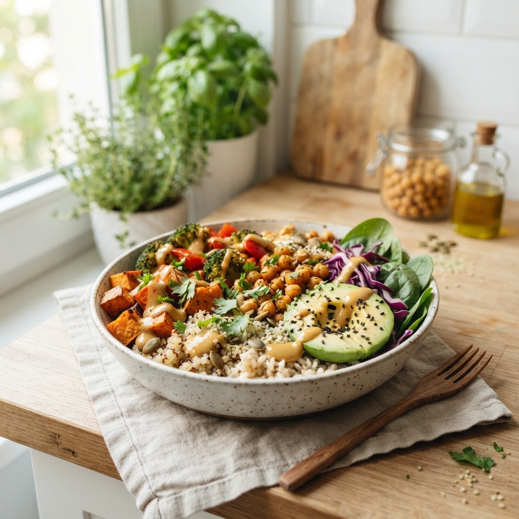 A simple colorful vegan meal bowl with rice, roasted vegetables, chickpeas, and tahini