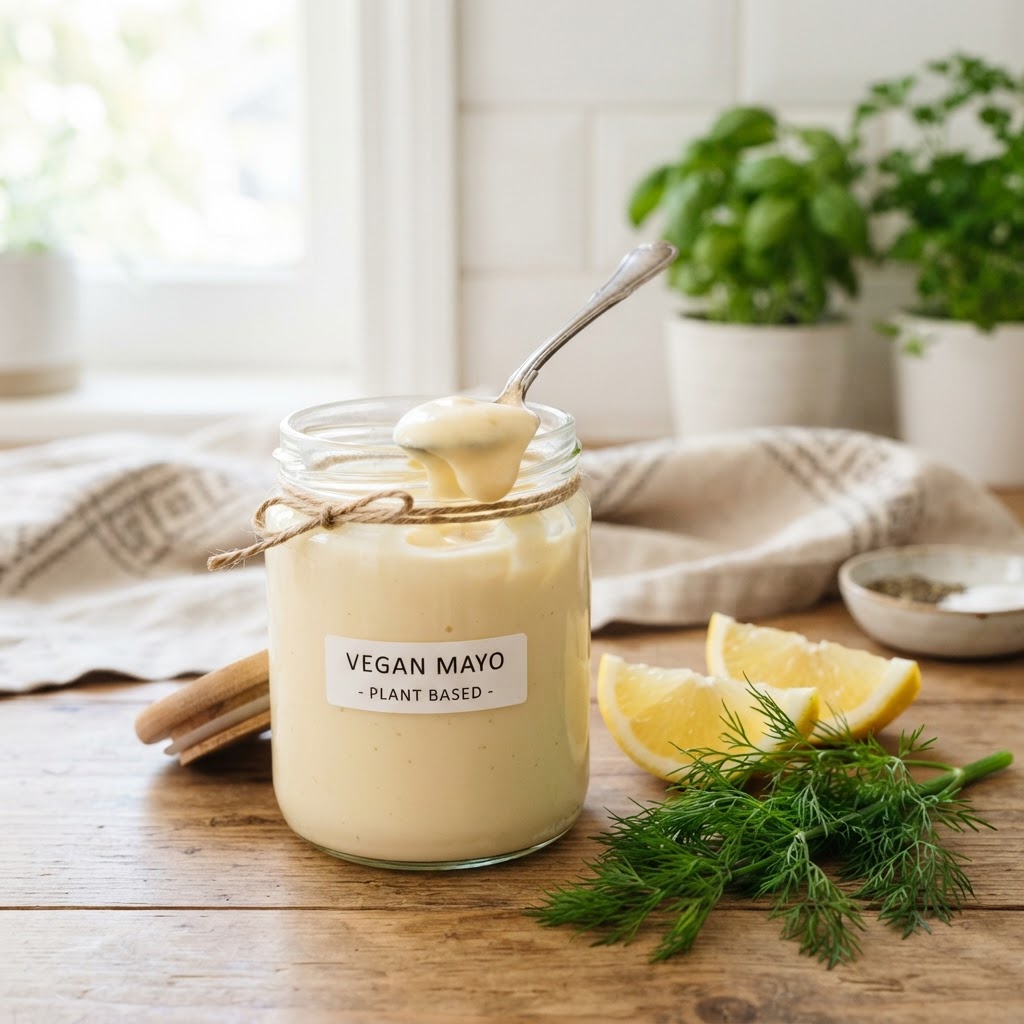 A glass jar of creamy homemade vegan mayonnaise with lemon and dill