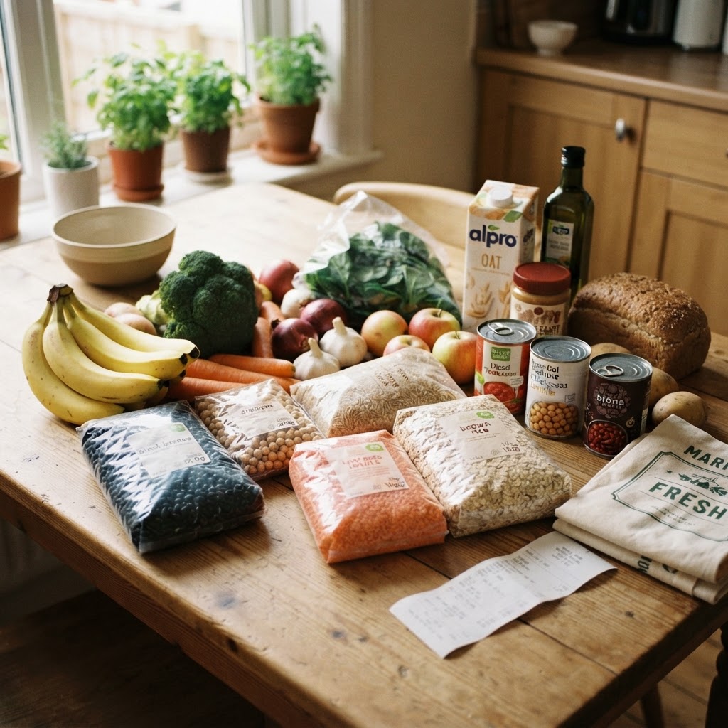 An affordable vegan grocery haul with beans, rice, lentils, oats, and fresh vegetables