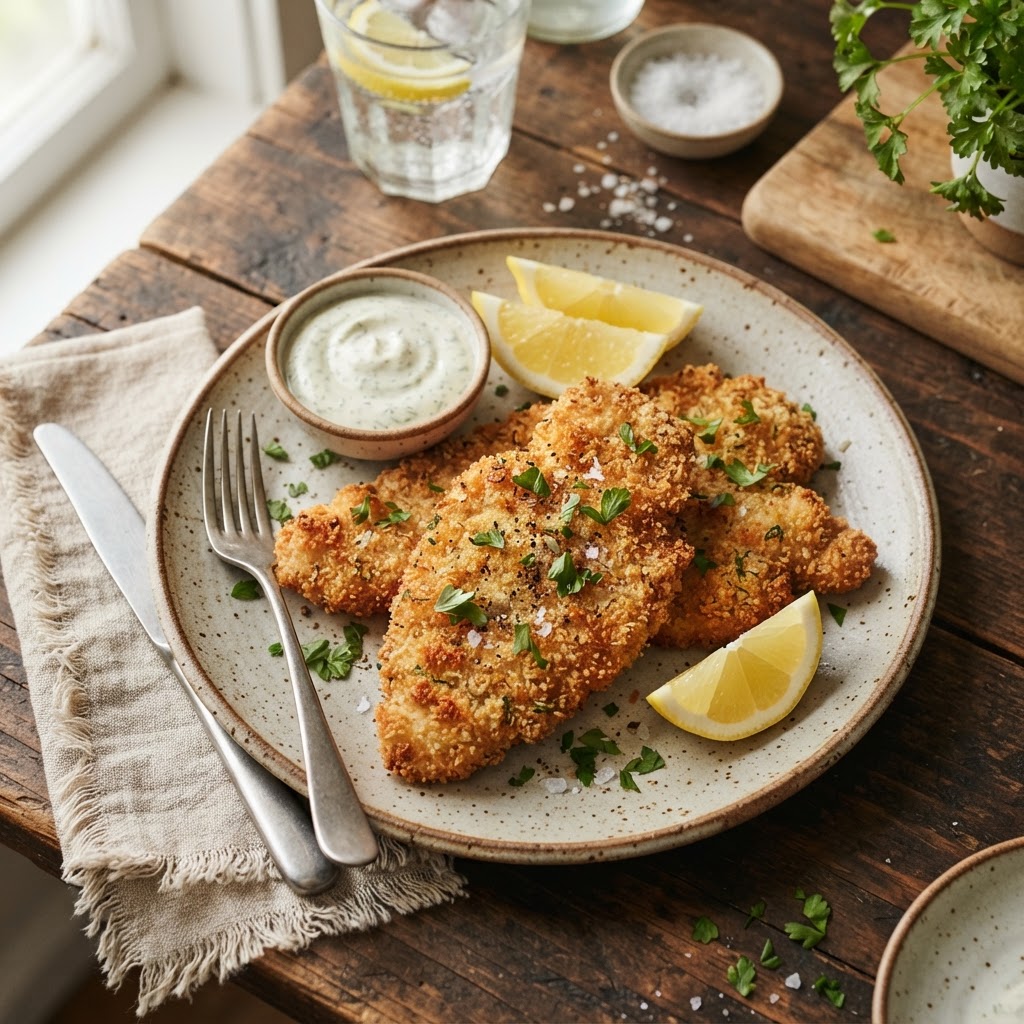 Crispy golden breaded plant-based vegan chicken-style cutlets on a plate
