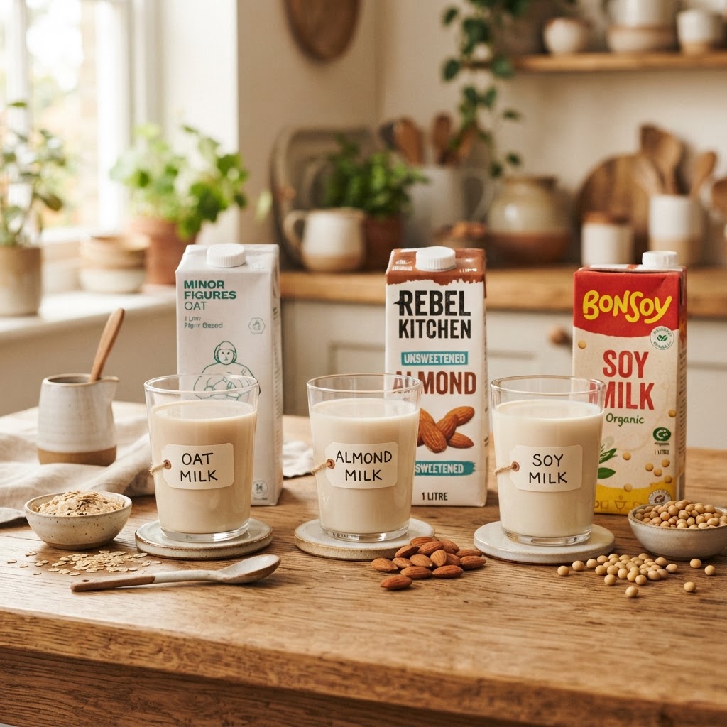 Three glasses of plant-based milks — oat, almond, and soy — on a wooden table