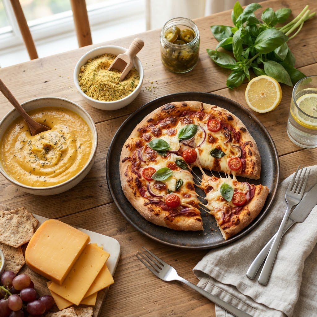 Plant-based vegan cheese spread with melty cashew cheese sauce, nutritional-yeast parmesan, vegan cheddar slices, and a mini pizza with stretchy vegan mozzarella