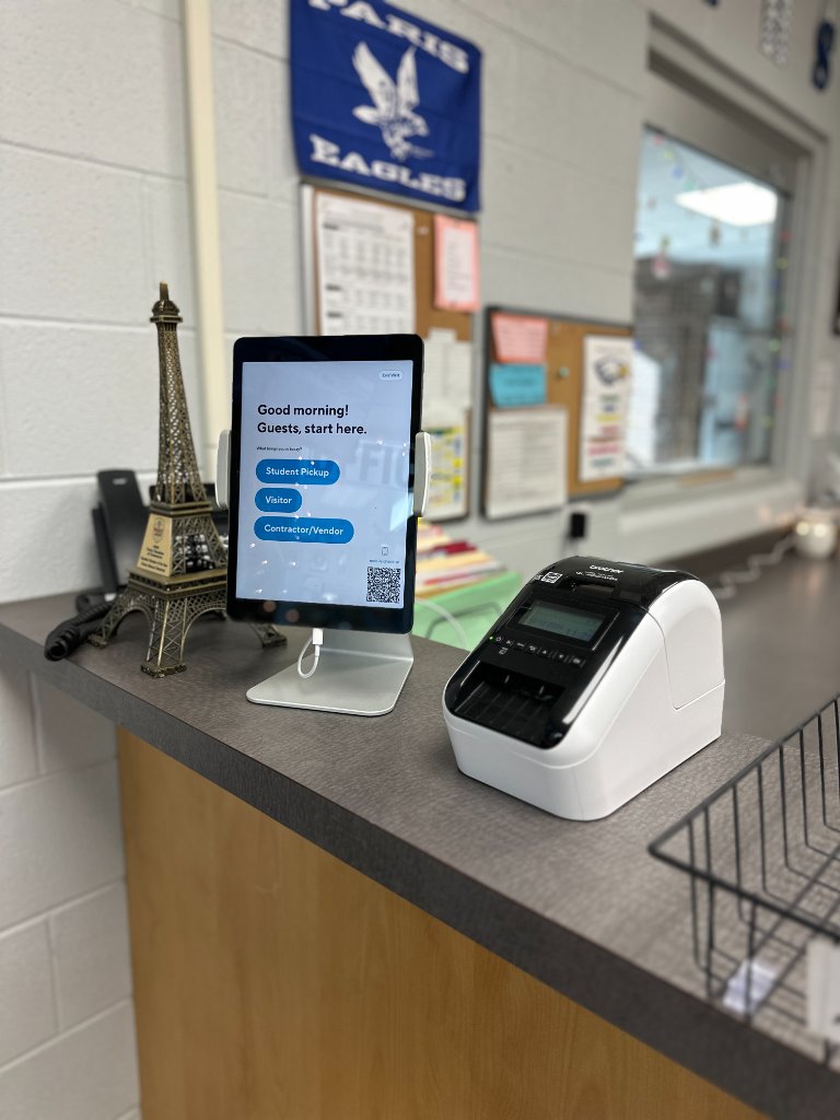 School technology setup with kiosk and printer