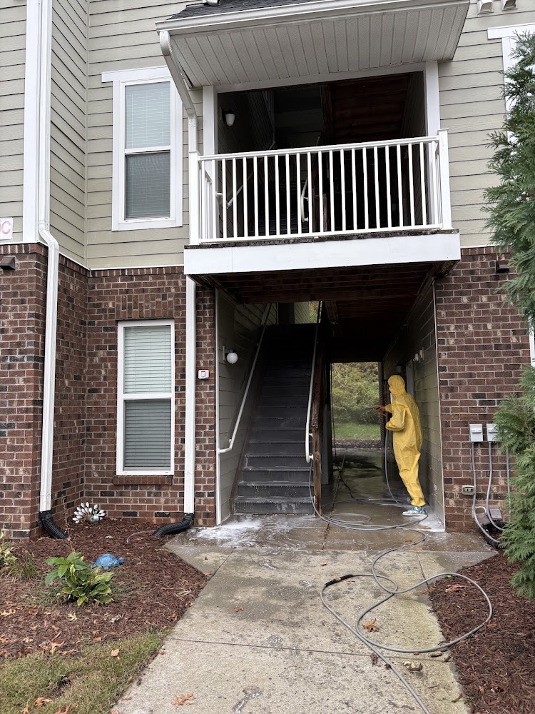 Soft wash of an apartment breezeway and entryway near Shelby, NC