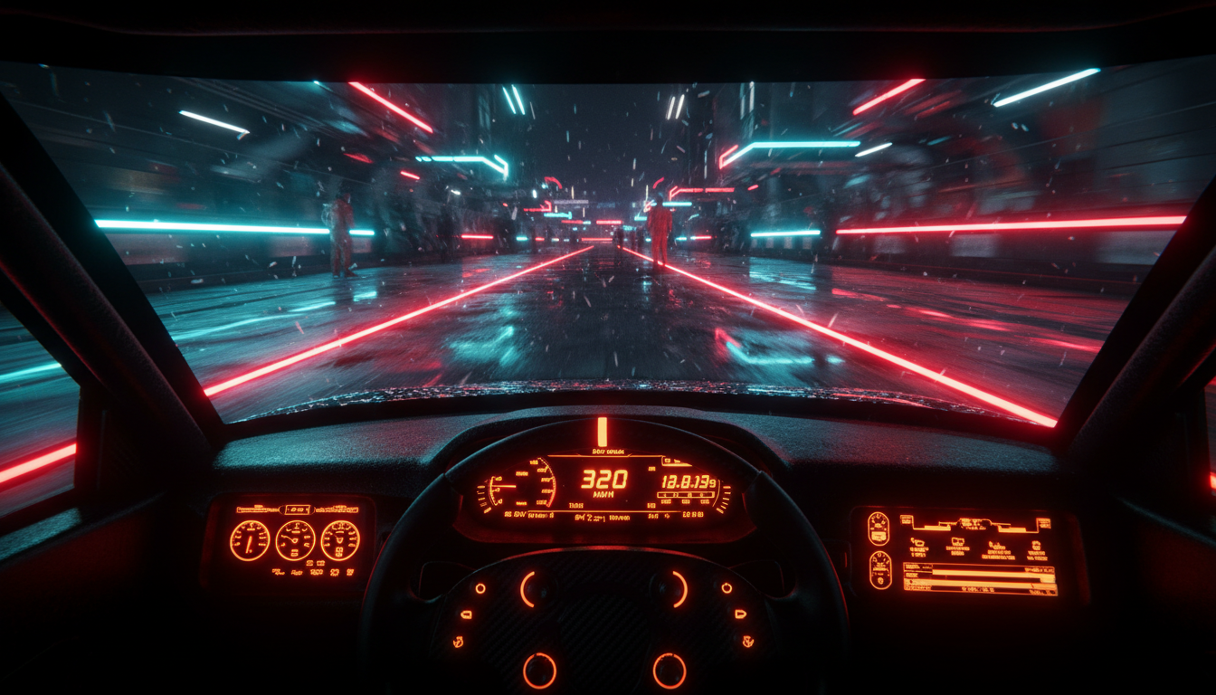 Futuristic pit lane from cockpit view