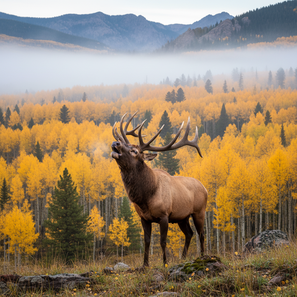 Bull elk with massive antlers bugling in autumn aspen forest, Rocky Mountain National Park