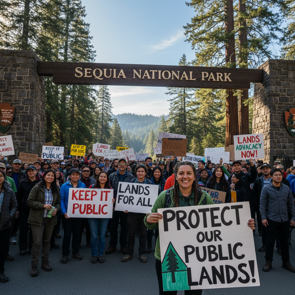 Activist holding sign at public lands rally in front of national park entrance