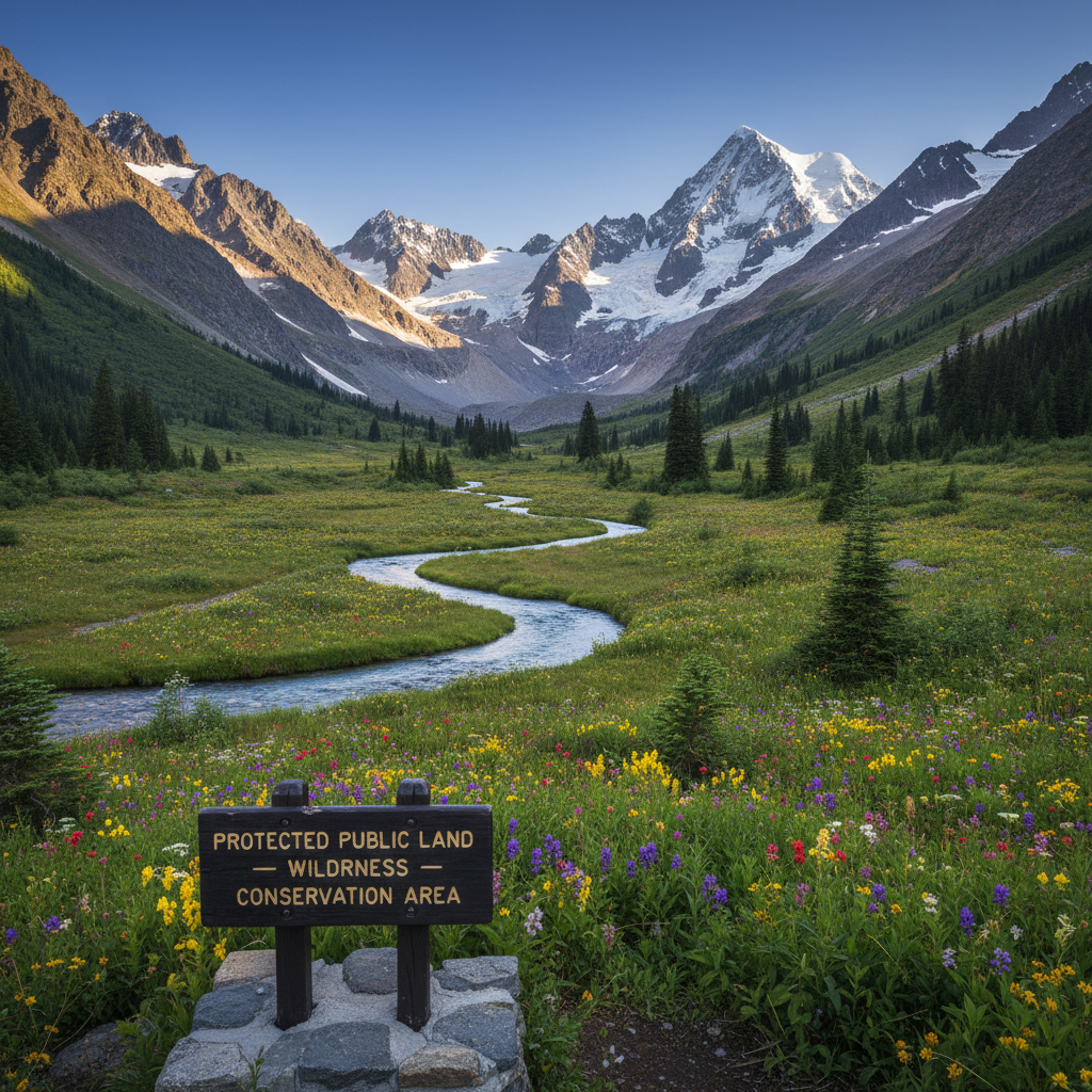 Pristine untouched remote wilderness valley with river, wildflowers and snow-capped peaks