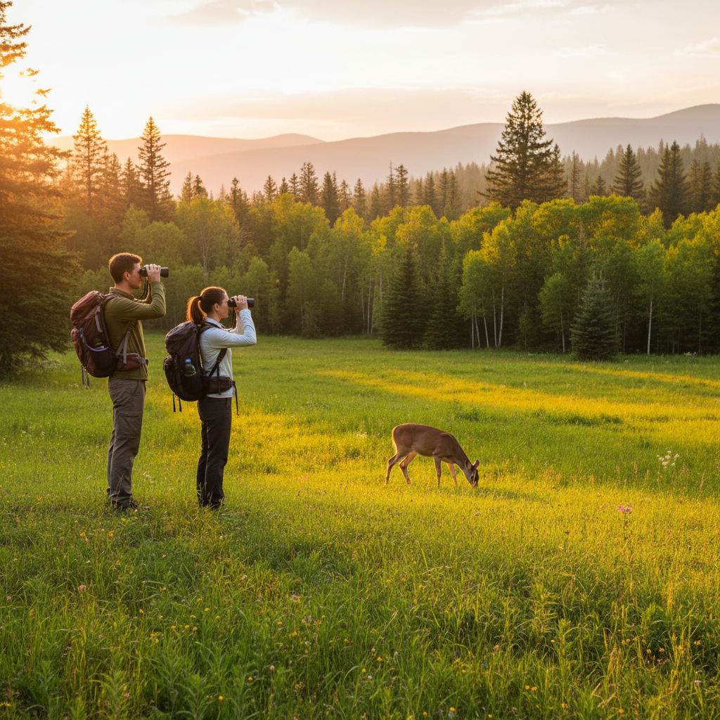 Two hikers observing deer from a respectful distance with binoculars