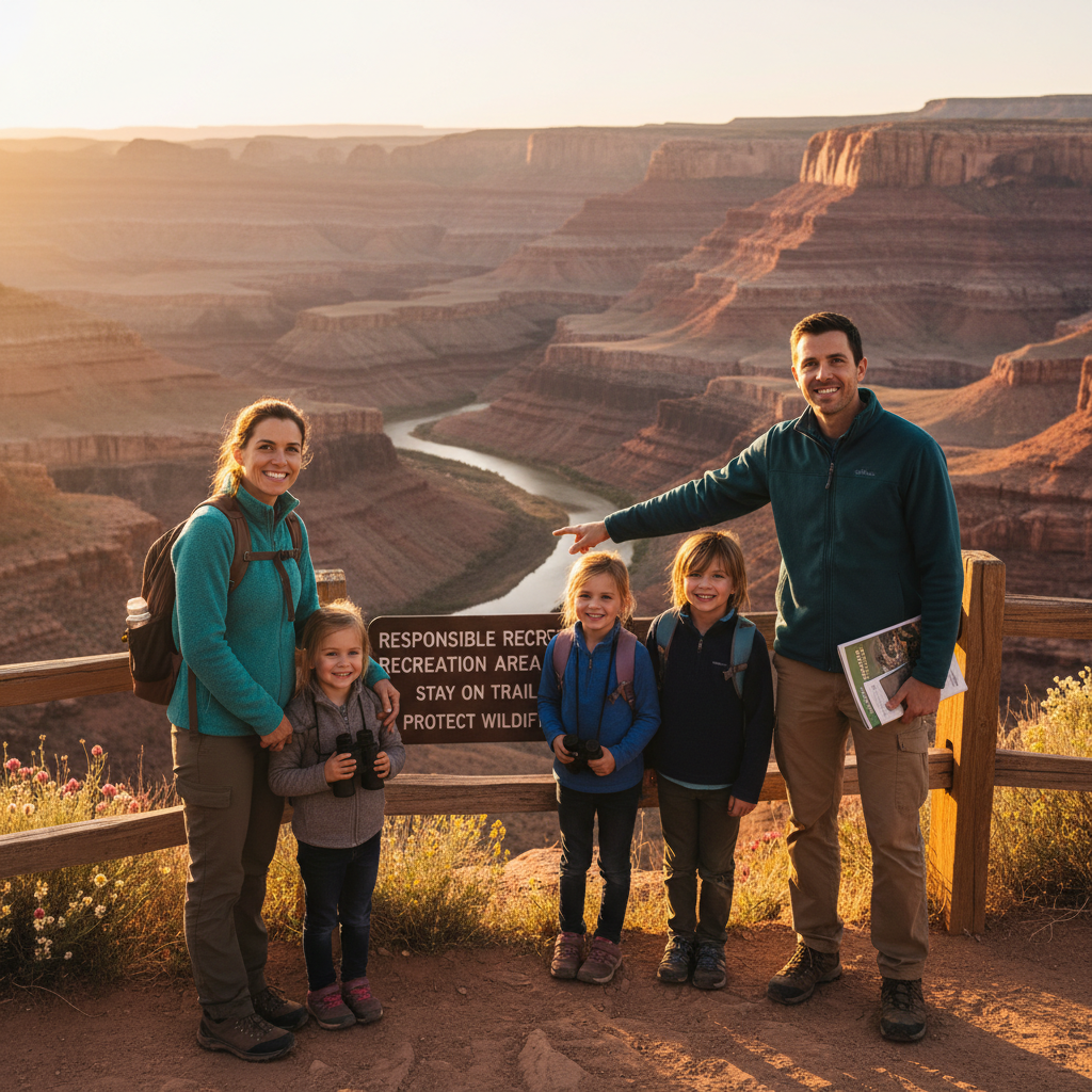 Family standing at a scenic national park overlook, educational nature experience