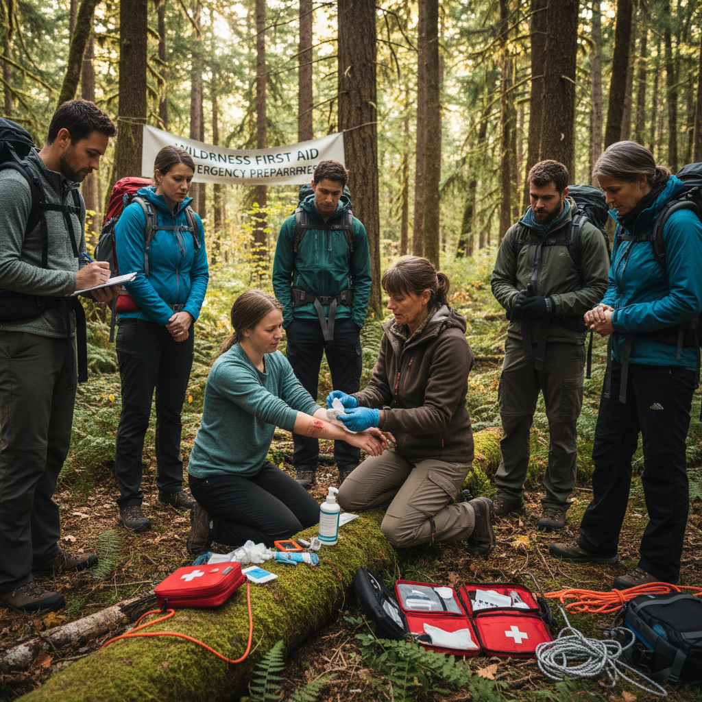 Outdoor first aid instructor demonstrating wilderness wound care to hikers