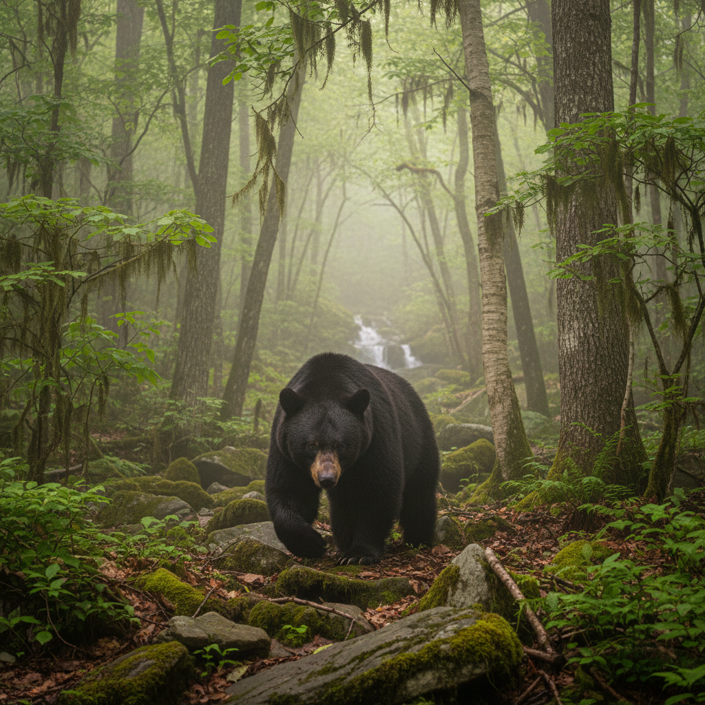 American black bear walking through misty Smoky Mountains forest