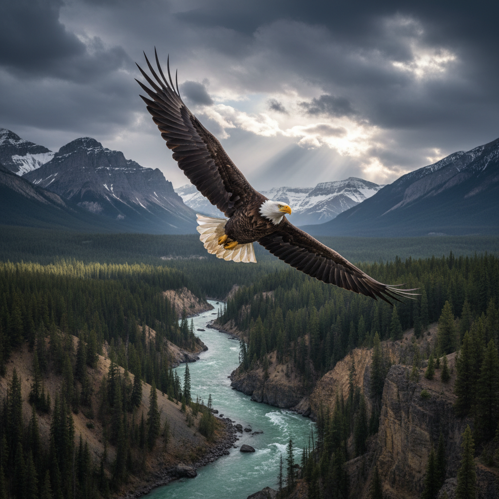 Bald eagle in powerful flight over mountain river, wings fully spread, wildlife photography