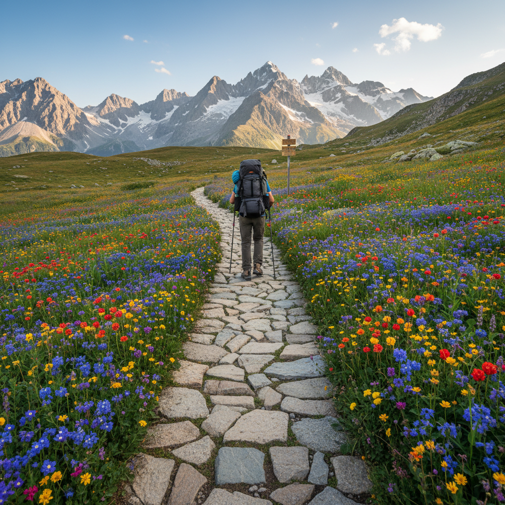 Hiker staying on designated rocky trail through alpine wildflower meadow