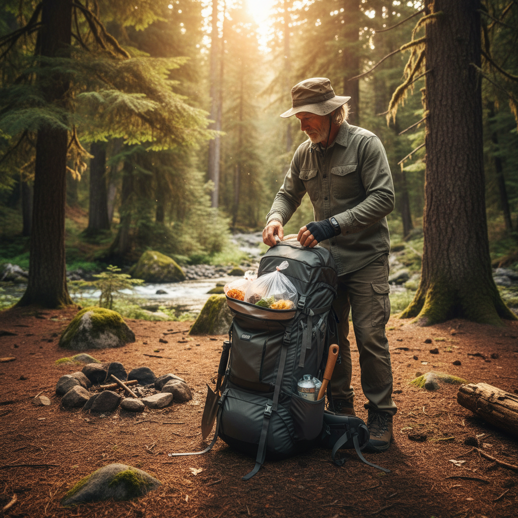 Camper packing all waste and trash from campsite, leave no trace wilderness ethics