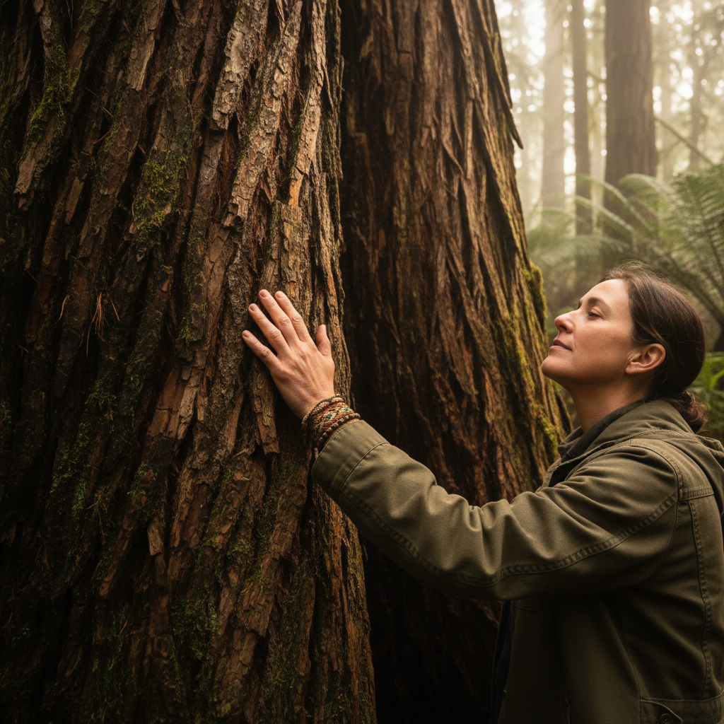 Environmental activist placing hand on massive old-growth tree trunk, forest preservation