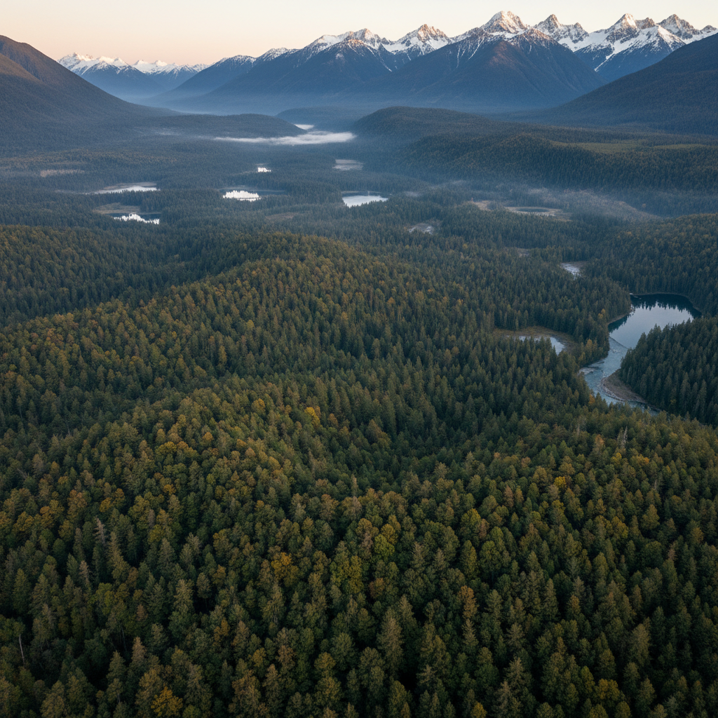 Aerial drone view of protected old-growth forest landscape, vast unbroken canopy