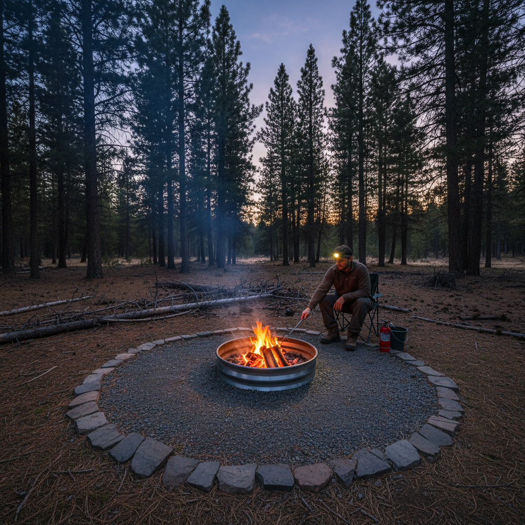 Small contained campfire in a metal fire ring at forest campsite, responsible fire management